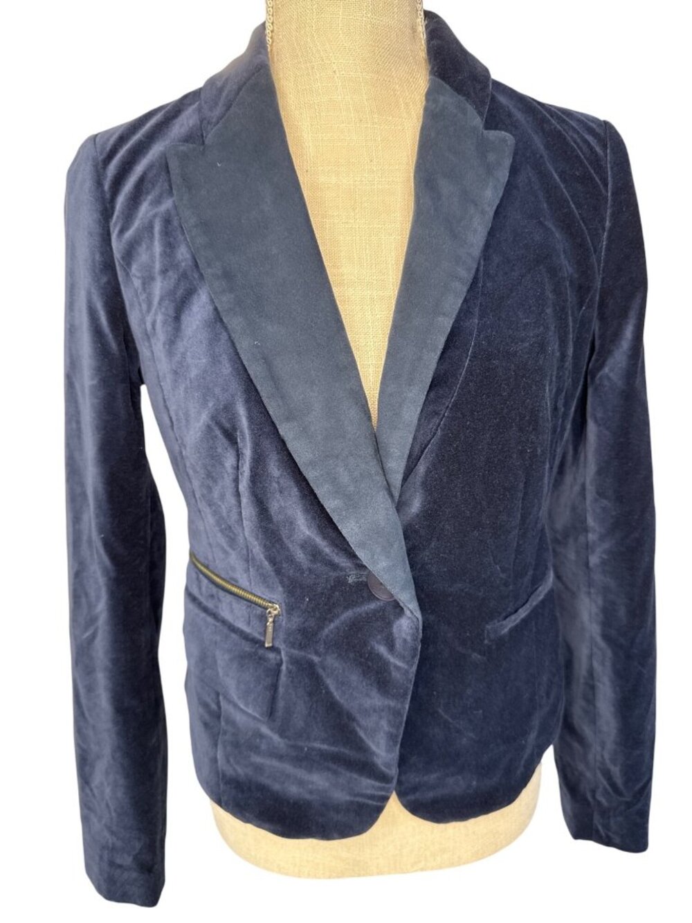 Hinge Navy Blue Velvet Blazer Jacket With Zipper Accents Slim Fit Size S